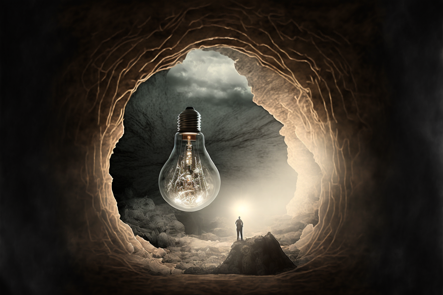 cave of ideas in lightbulb with transparent look thr